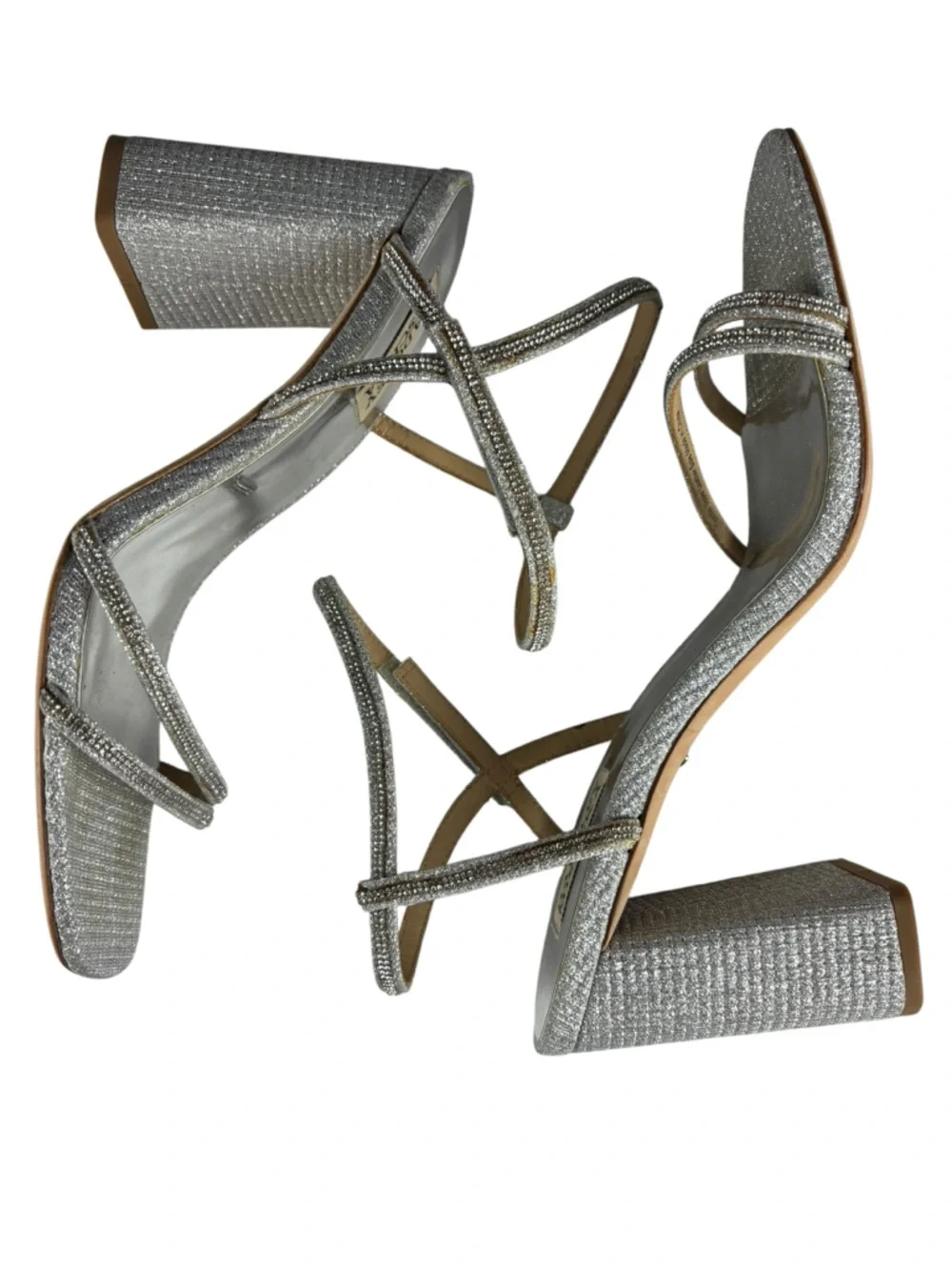 BADGLEY MISCHKA FIREY RHINESTONE SILVER BLOCK HEEL OPEN TOE HEELS - Picture 9 of 16